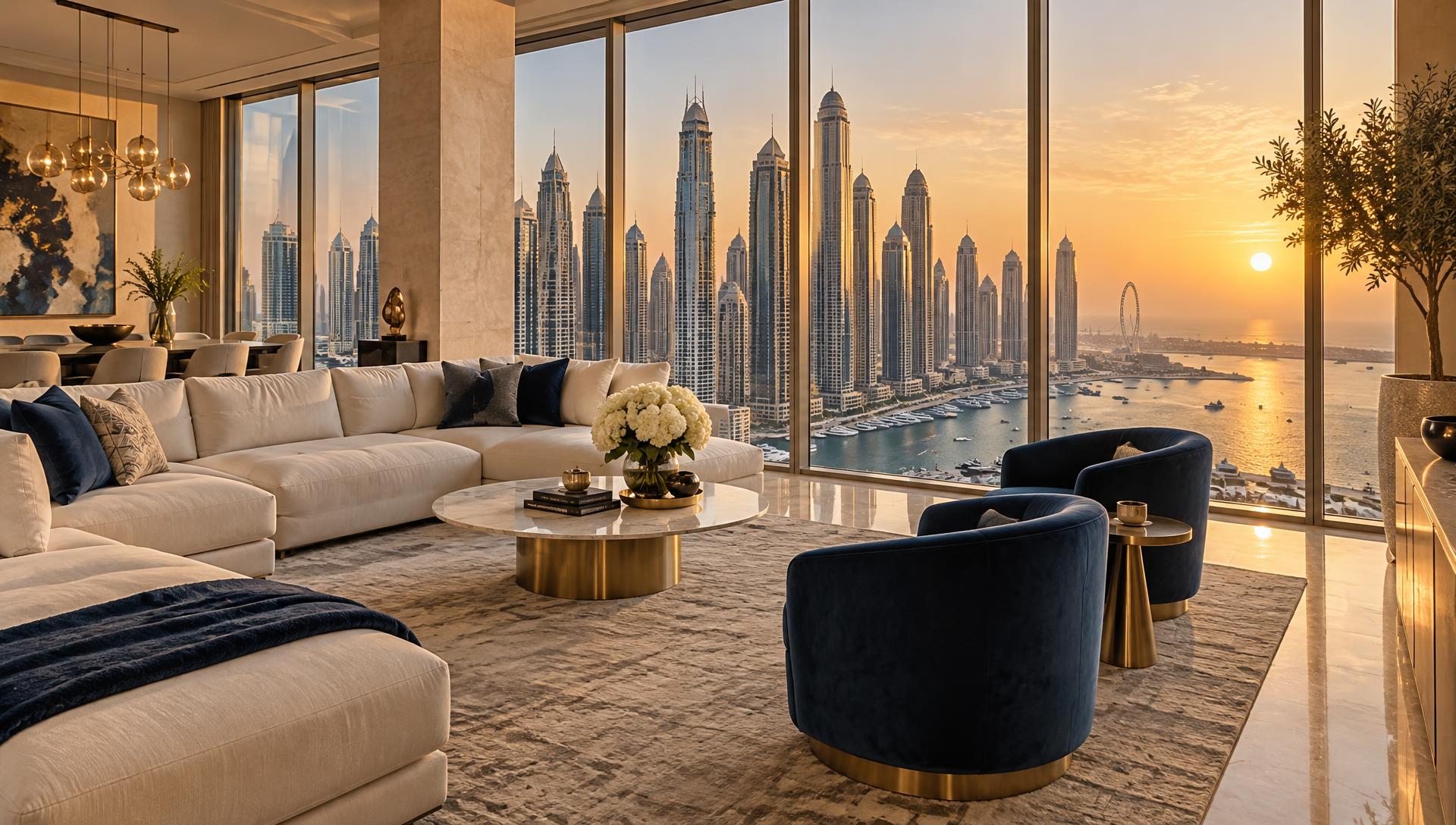 Penthouse interior overlooking the city at dusk